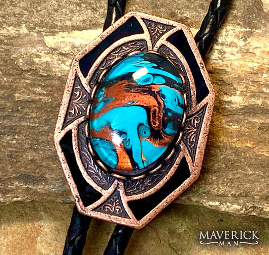 Dressy geometric copper bolo with hand painted turquoise black and copper stone