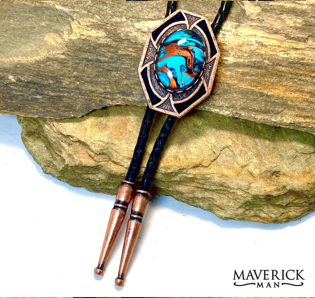 Dressy geometric copper bolo with hand painted turquoise black and copper stone