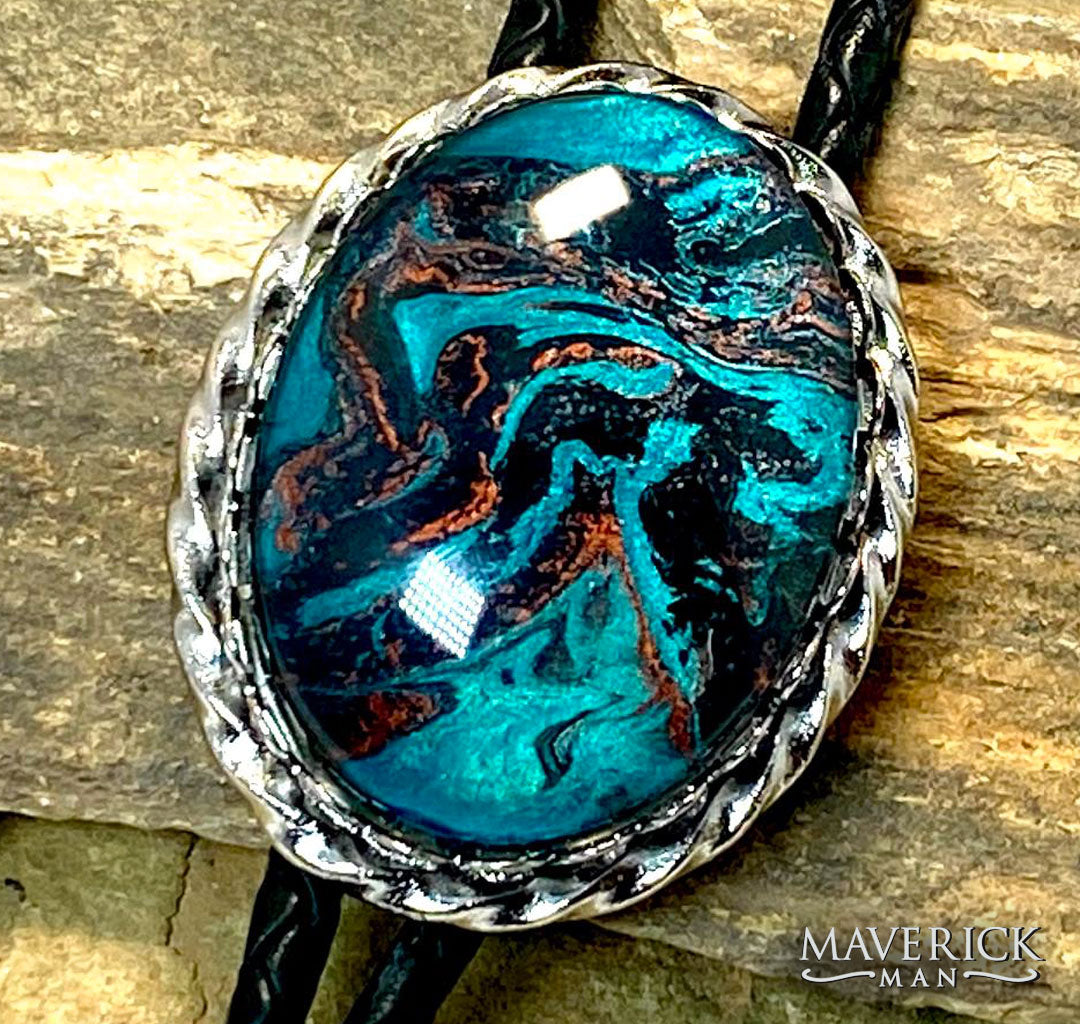 Silver twist bolo with large hand painted turquoise black and copper stone