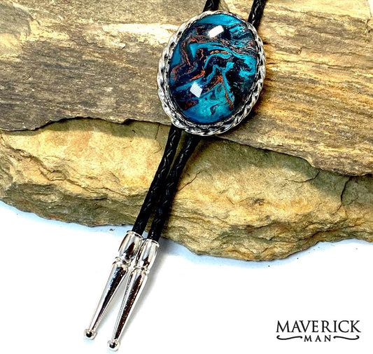 Silver twist bolo with large hand painted turquoise black and copper stone