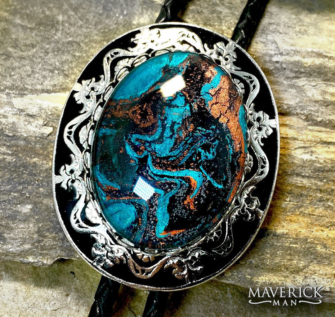 Large dressy bolo with hand painted turquoise black and copper stone