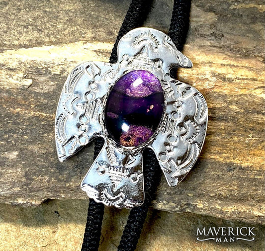 Classic thunderbird bolo with purple hand painted stone