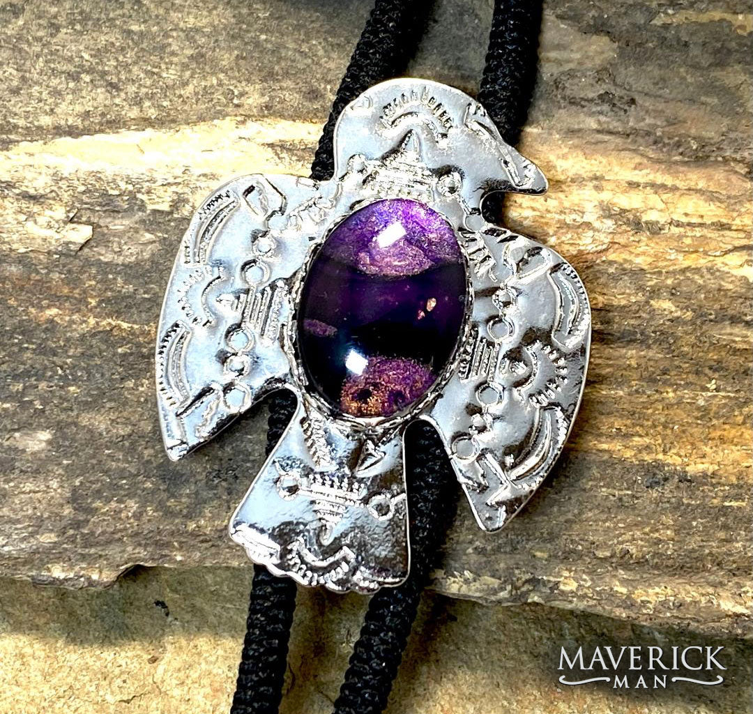 Classic thunderbird bolo tie with purple hand painted stone