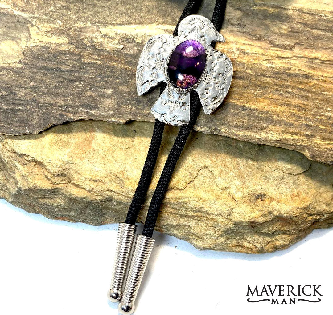 Classic thunderbird bolo with purple hand painted stone