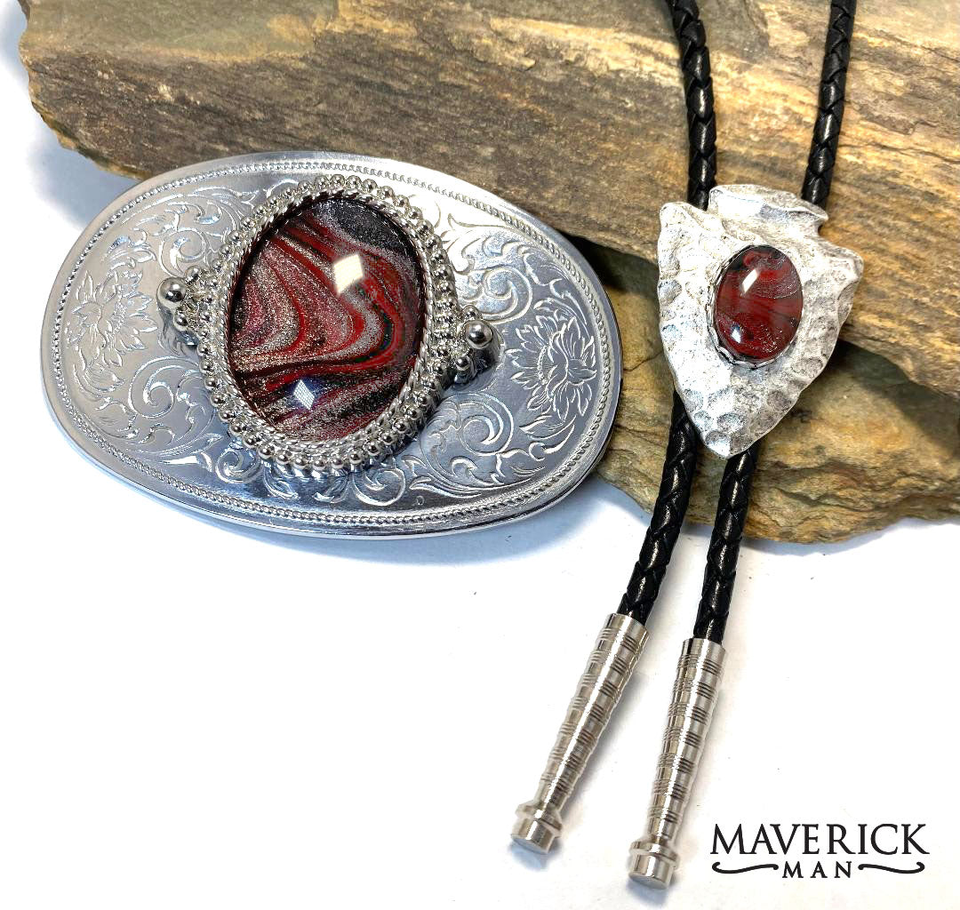 Our red FOX palette of hand painted stones in a bolo and buckle set