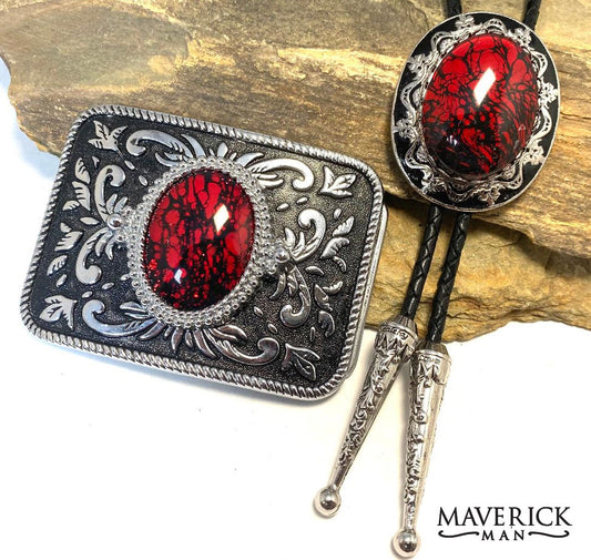 Handsome red and black bolo and buckle set with our special hand painted stones