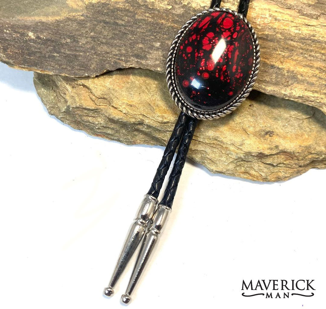 Good-looking red and black bolo and buckle set with our special hand painted stones