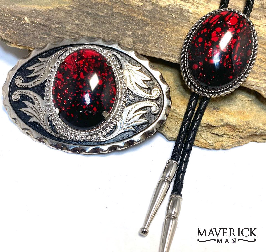 Good-looking red and black bolo and buckle set with our special hand painted stones