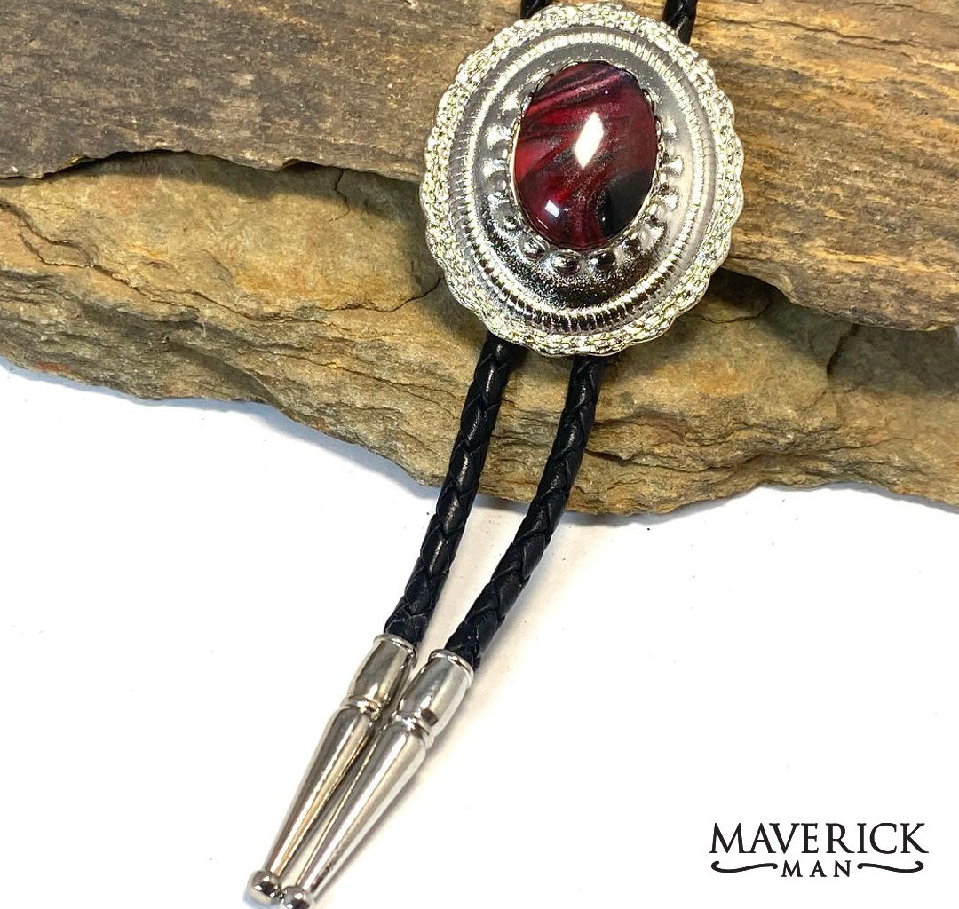 Dark red concho bolo and coordinating buckle set with our hand painted stones