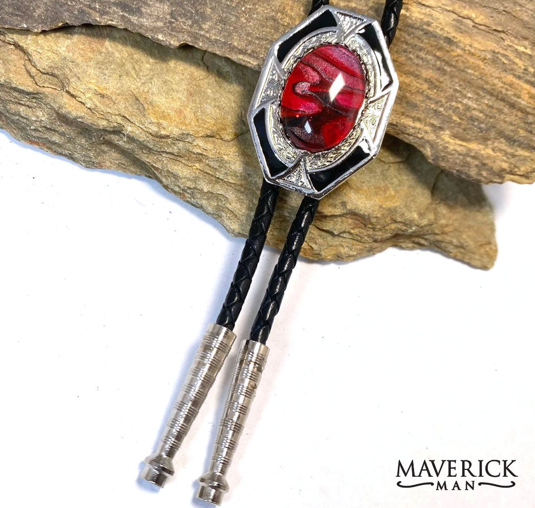 Good looking red and black bolo and buckle set with our special hand painted stones