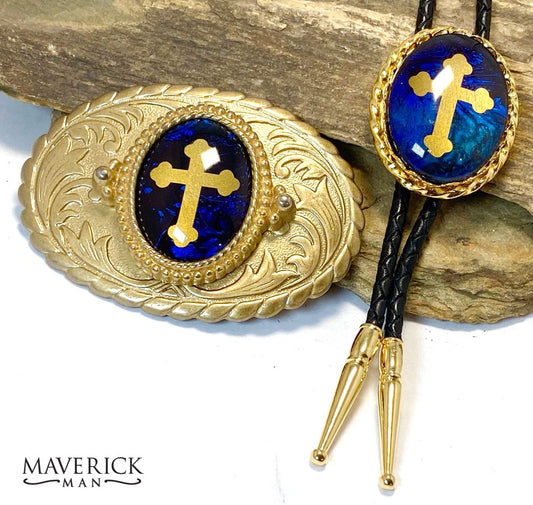 Super sharp blue and gold bolo and buckle set with gold crosses