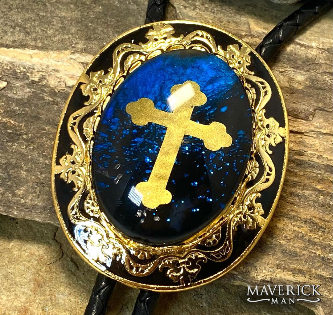 Christian bolo and buckle set in blue and gold with gold crosses