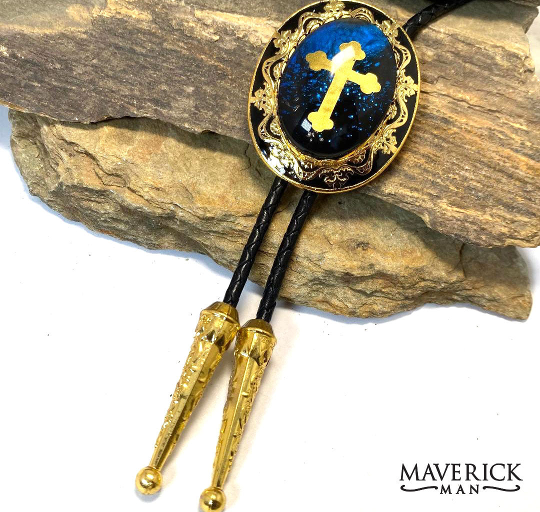 Christian bolo and buckle set in blue and gold with gold crosses