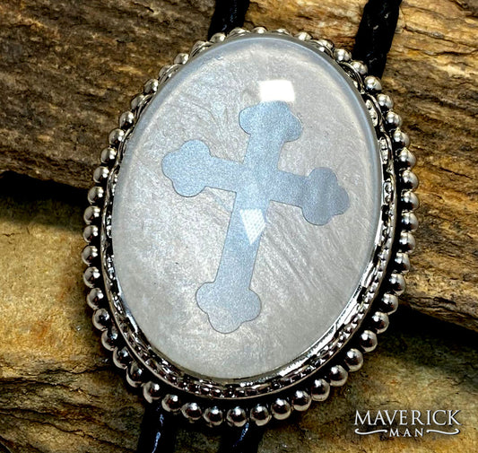 Large Christian bolo on our Pearl background with silver bloom cross