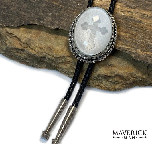 Large Christian bolo on our Pearl background with silver bloom cross