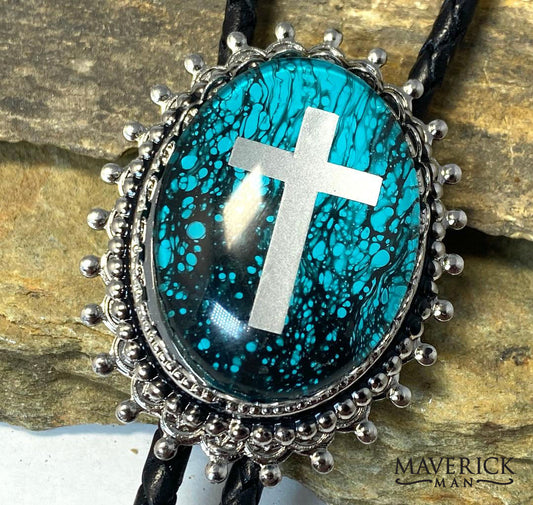 Large Christian bolo on turquoise and black with silver cross
