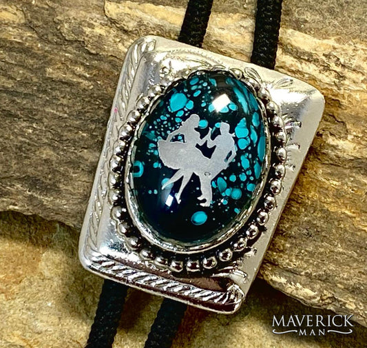 Modern turquoise and black bolo with square dancer detail