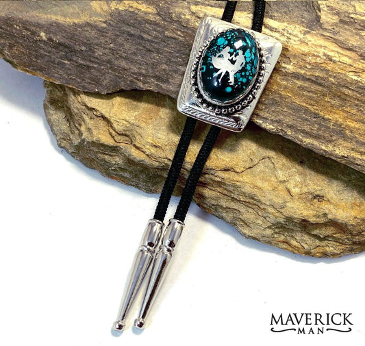 Modern turquoise and black bolo with square dancer detail