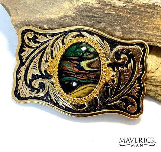 Handsome gold bolo and buckle set with hand painted green stone - SET AVAILABLE