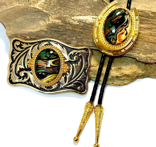 Golden bolo with our hand painted - similar to Tulsa King - w coordinating buckle