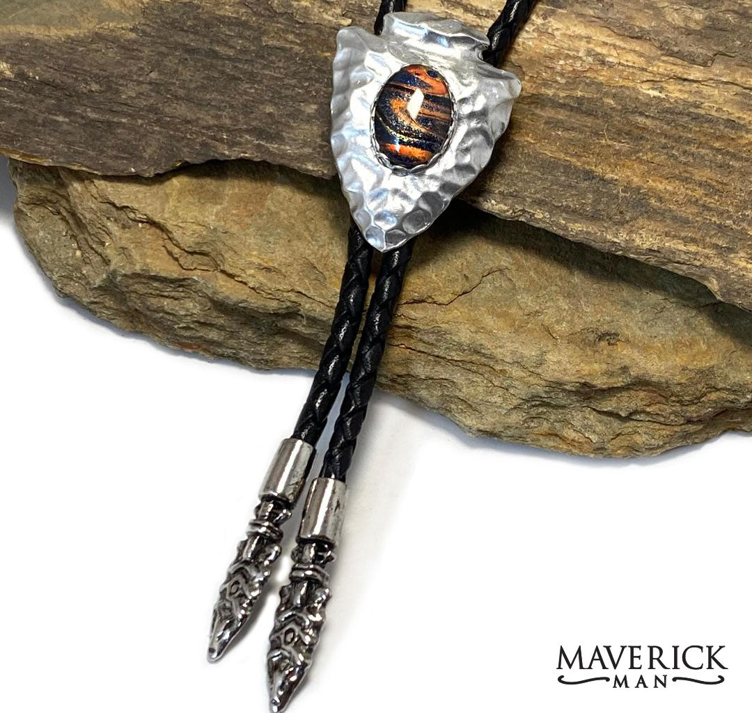 Hammered silver arrowhead bolo with hand painted stone from our OWL collection