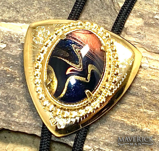 Golden triangular bolo with hand painted stone from our OWL collection