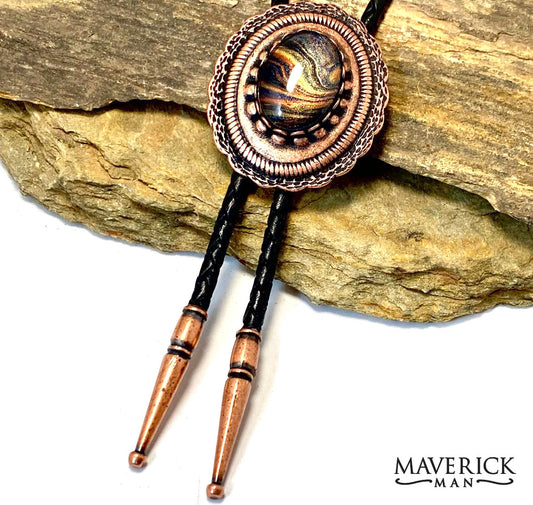 Handsome copper concho bolo with hand painted stone from our OWL collection