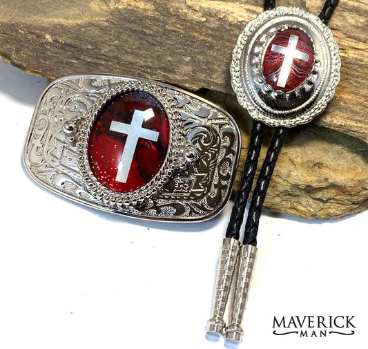 Cross bolo in silver concho setting with hand painted stone