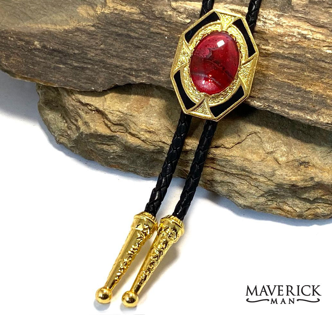 Gold dressy geometric bolo with red hand painted stone