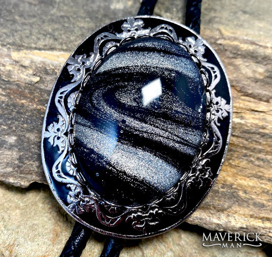 Large Black and Platinum bolo with our hand painted stone