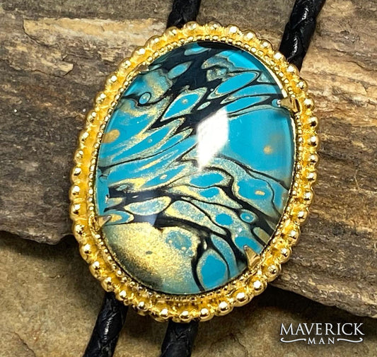Golden beaded bolo with our turquoise and gold hand painted stone