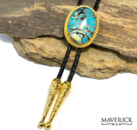 Golden beaded bolo with our turquoise and gold hand painted stone