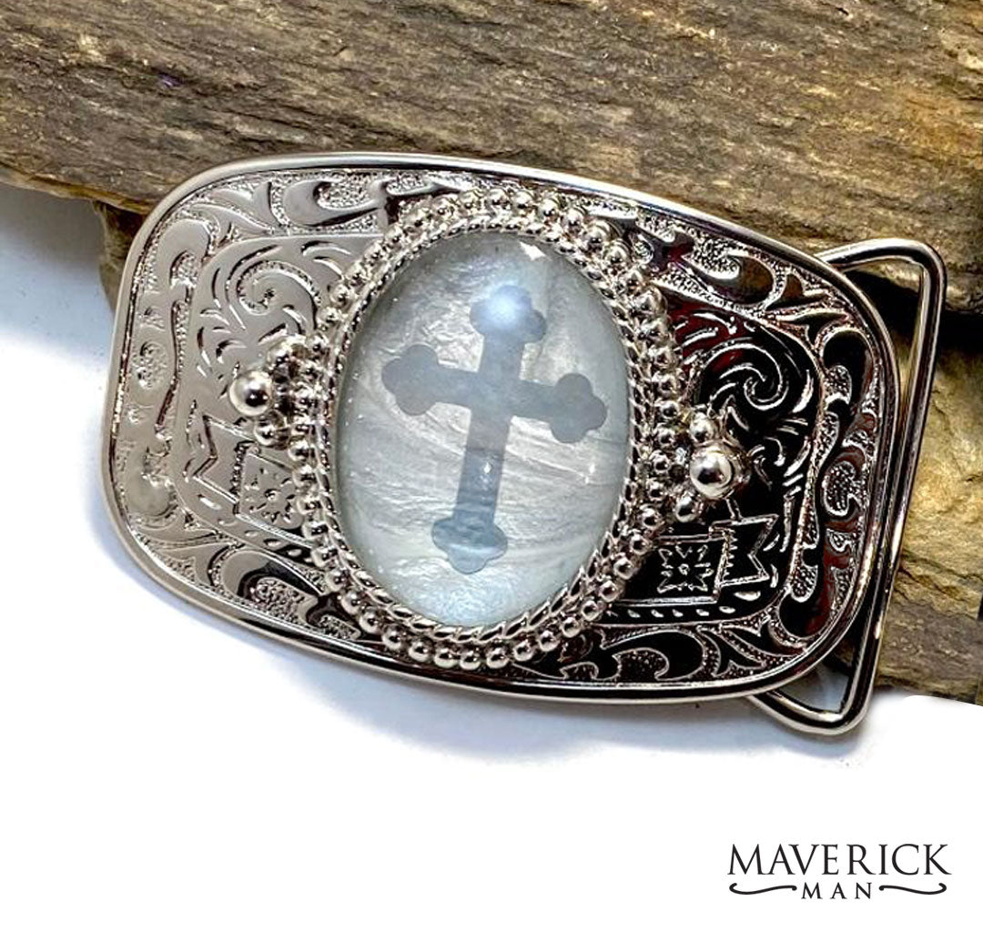 White and silver Cross buckle with our special hand painted stones
