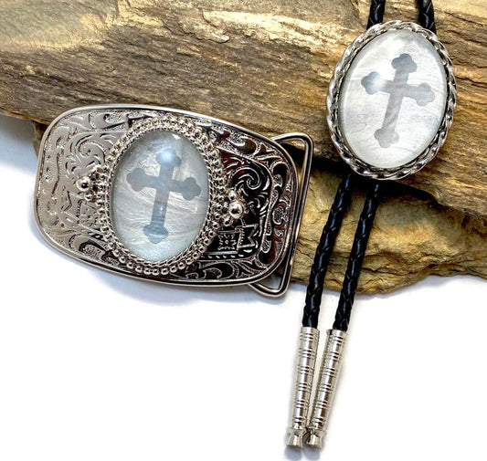 Handsome Pearl collection bolo and buckle set with crosses