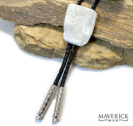 Slate bolo tie made hand painted with Silver and White