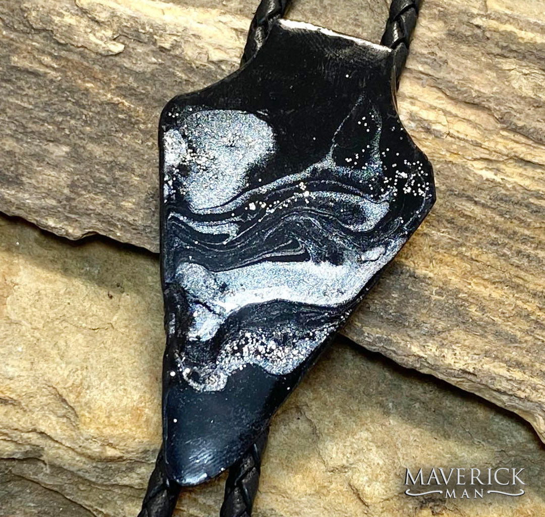 Dressy slate arrowhead bolo tie hand painted with black and silver