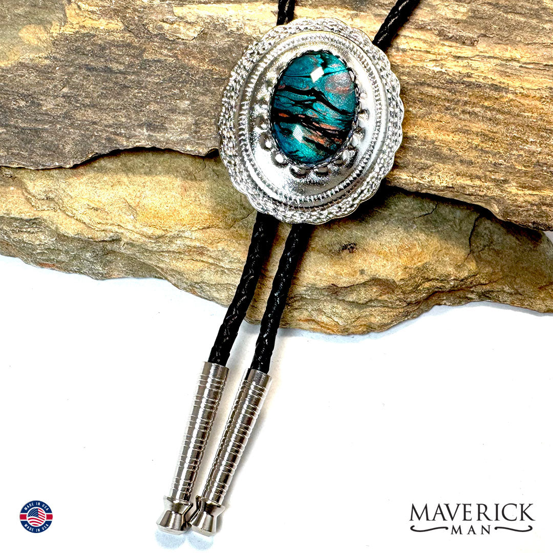 Turquoise and copper hand painted stone in concho bolo tie