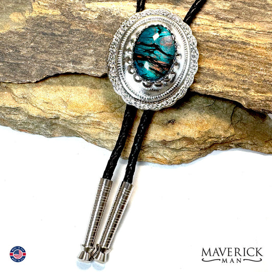 Turquoise and copper hand painted stone in concho bolo tie