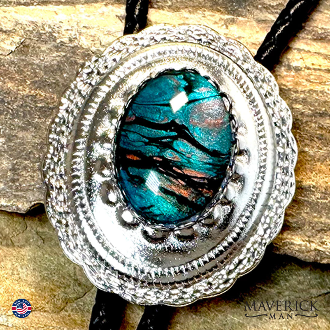 Turquoise and copper hand painted stone in concho bolo tie