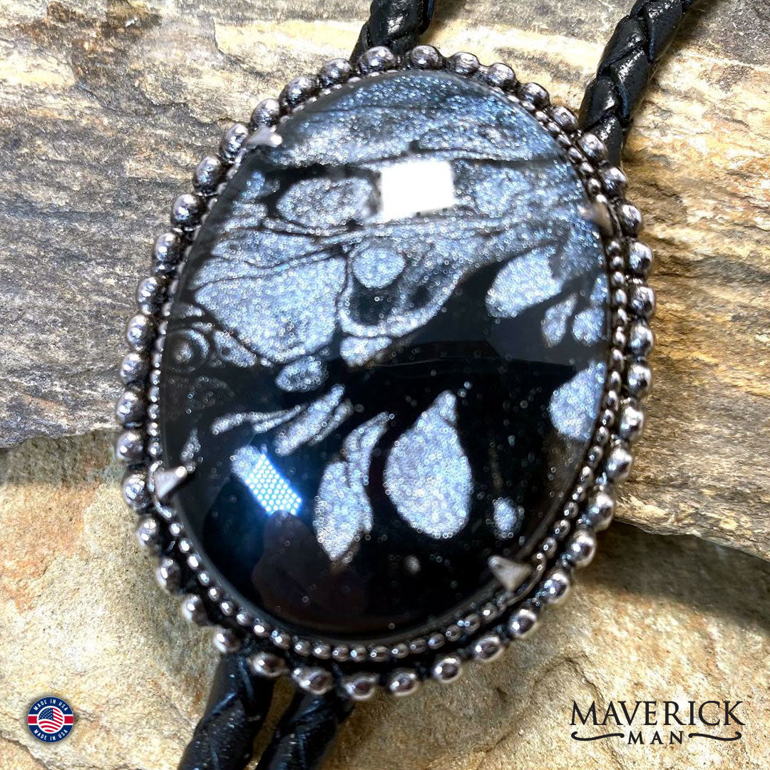 Large Black and Platinum bolo tie with our hand painted stone