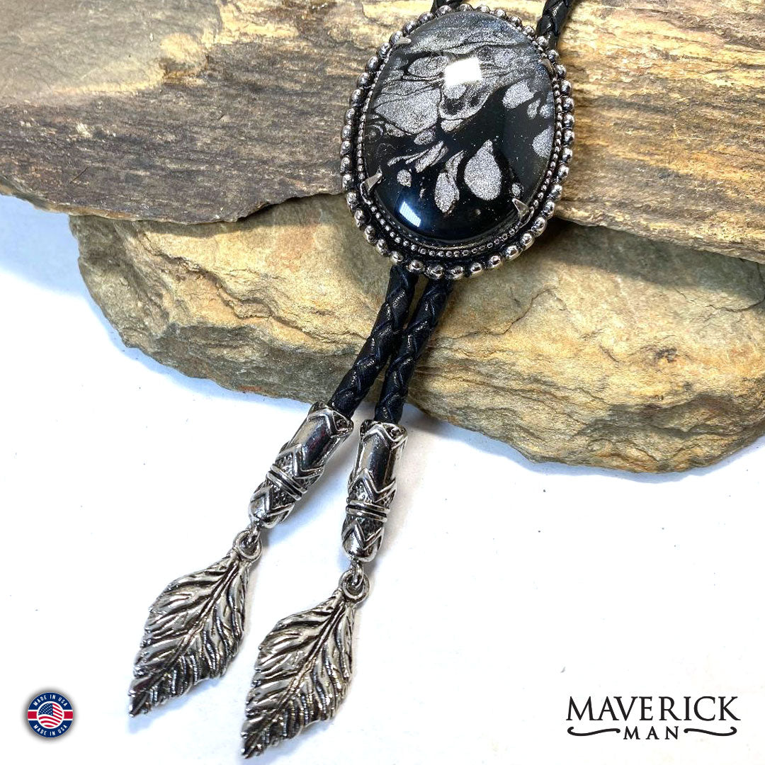 Large Black and Platinum bolo tie with our hand painted stone