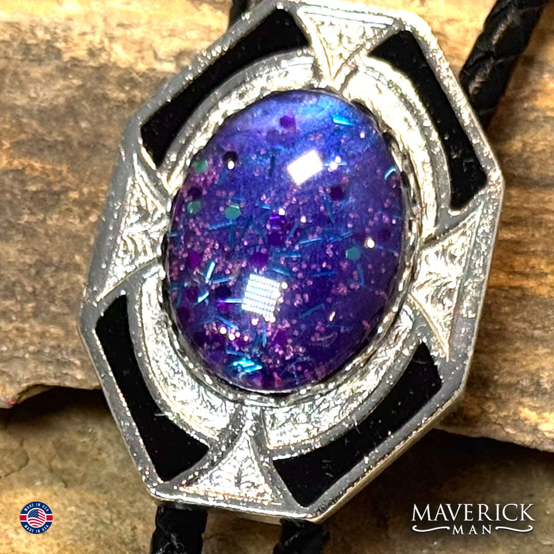 Dressy geometric bolo tie with purple hand painted stone