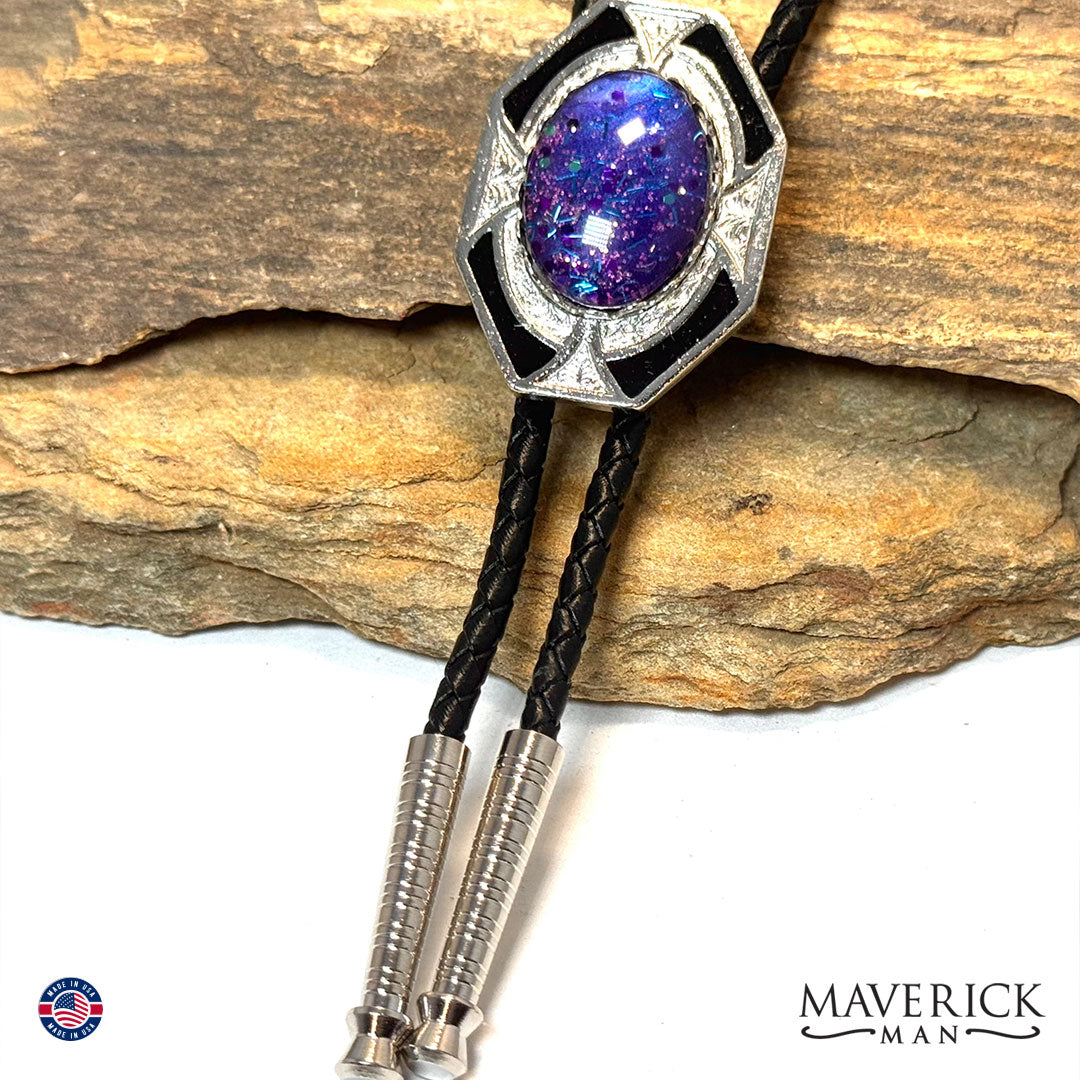 Dressy geometric bolo tie with purple hand painted stone