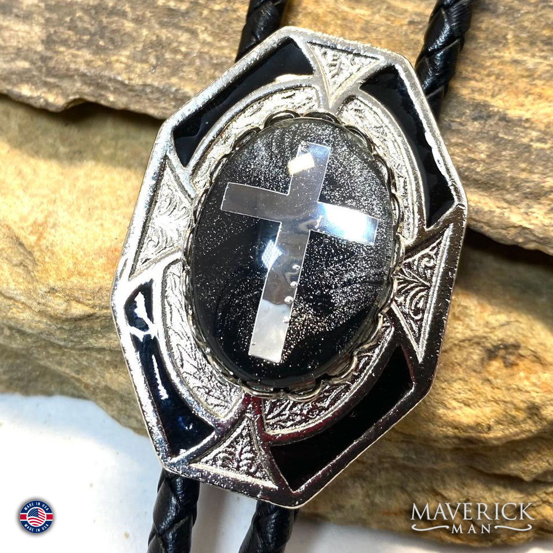 Dressy geometric bolo tie with embedded cross