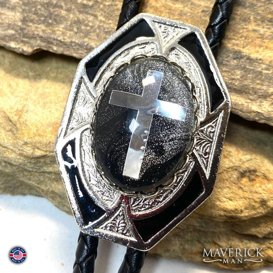 Dressy geometric bolo tie with embedded cross