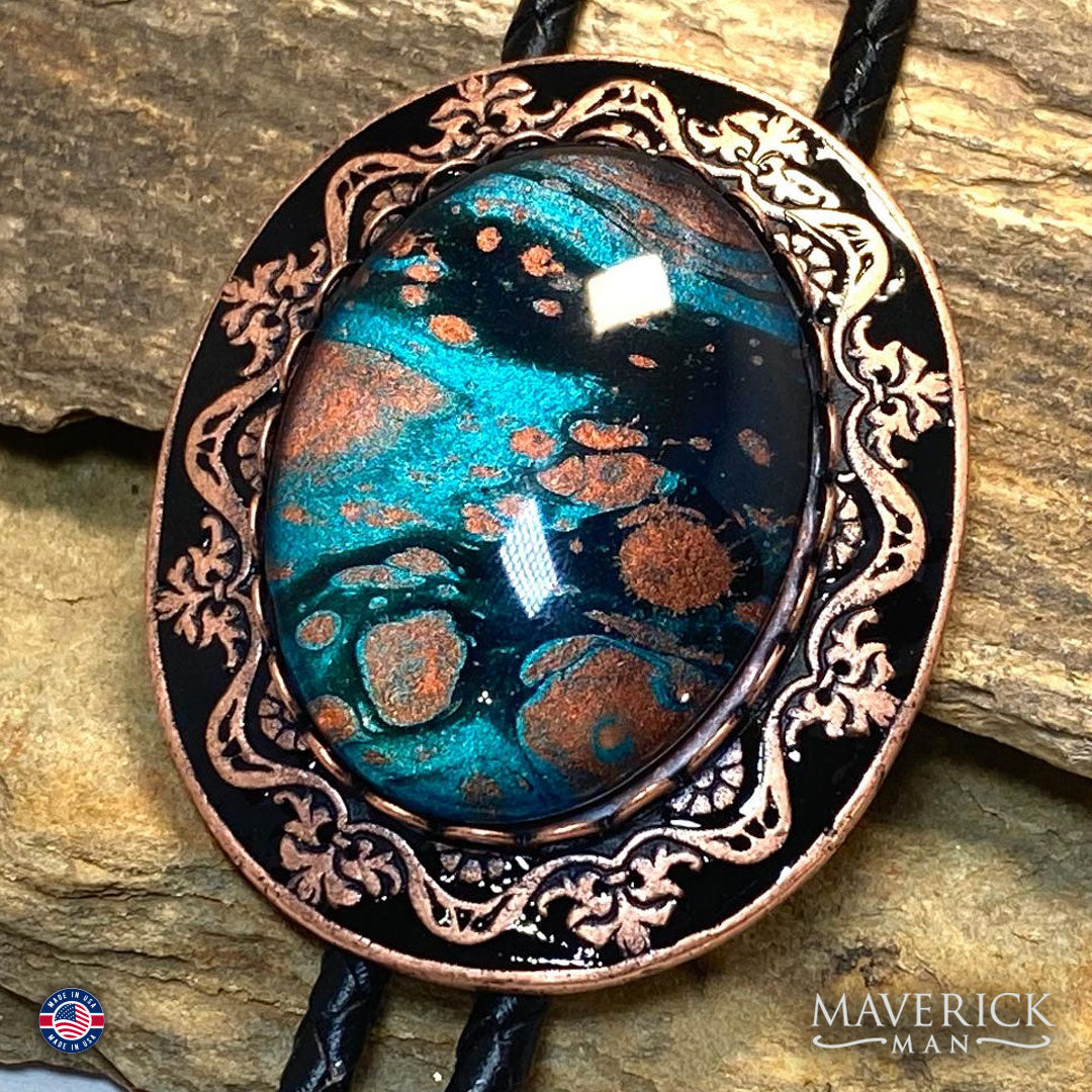 Dressy copper and black bolo tie with hand painted stone