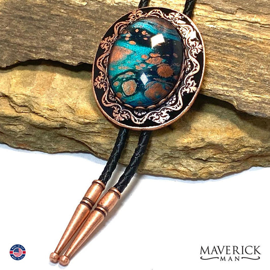 Dressy copper and black bolo tie with hand painted stone