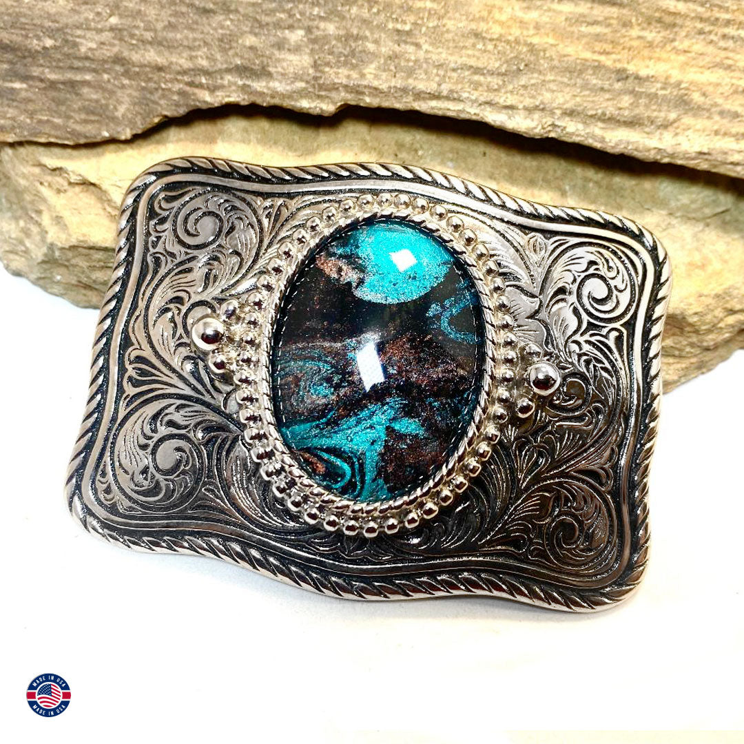 Silver and black filigree bolo tie and buckle set with hand painted stones