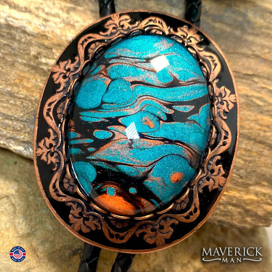 Copper bolo tie and (rare) buckle set with hand painted stones
