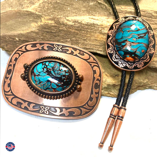 Copper bolo tie and (rare) buckle set with hand painted stones